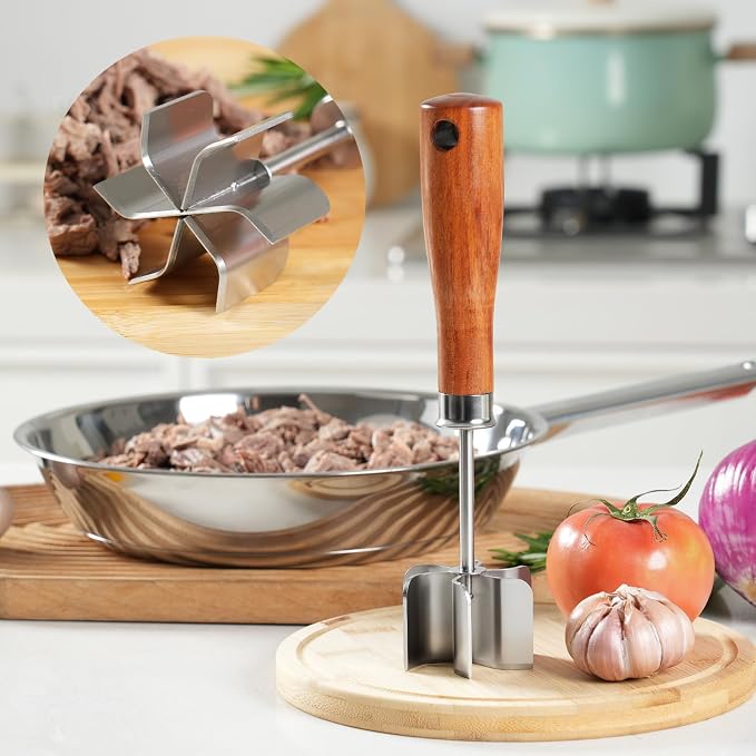 Stainless Steel Meat Chopper & Masher, Ground Beef Chopper Tool | Heavy Duty 6 Curve Blades, Heat Resistant Meat Masher, Hamburger Smasher & Multi-Use Kitchen Tool