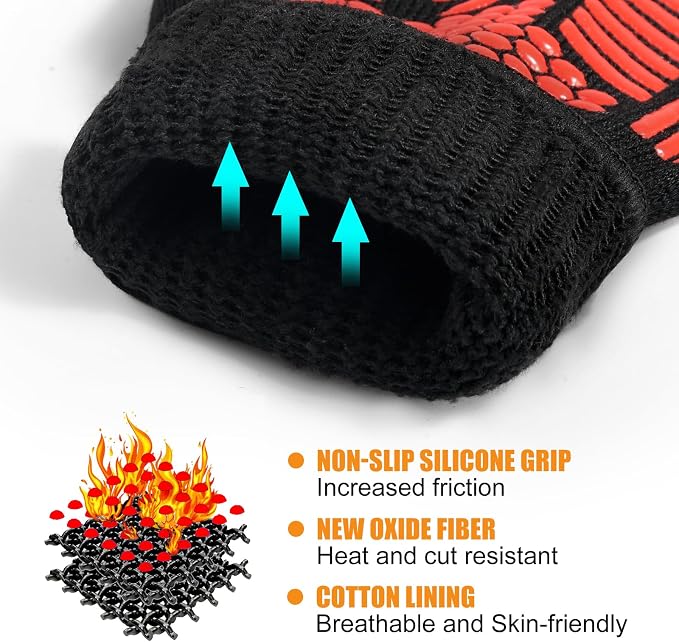 BBQ Gloves, Oven Gloves, 1472°F Extreme Heat Resistant Barbecue Gloves, Silicone Non-Slip Oven Mitts, Kitchen for Cooking, Grilling, and Baking