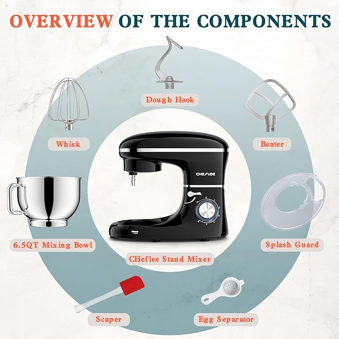 CHeflee Stand Mixer,660W 6+P With 6.5QT Stainless Steel Bowl,Dough Hook, Wire Whip & Beater,for Most Home Cooks,Black