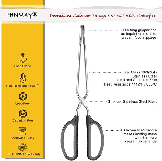 Stainless Steel Scissor Tongs Cooking Tongs Set, Set of 3 (Black Handle, 10" 12" 16")