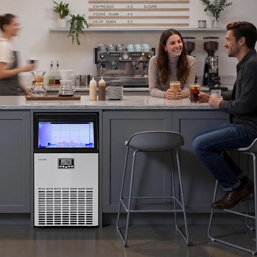 VEVOR Commercial Ice Maker Machine, 100 lbs/24h with 26 lbs Storage Capacity, Crescent Ice,Built-in/Freestanding/Under Counter, Stainless Steel Ice Maker with LED Display for Home Bar Restaurant