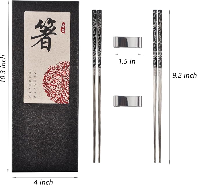 Metal Chop Sticks Reusable Dishwasher Safe with Holder, SUS 304 Stainless Steel Chopsticks, Elegant Chopsticks Reusable Non-Slip Design Gift Set (Metal)