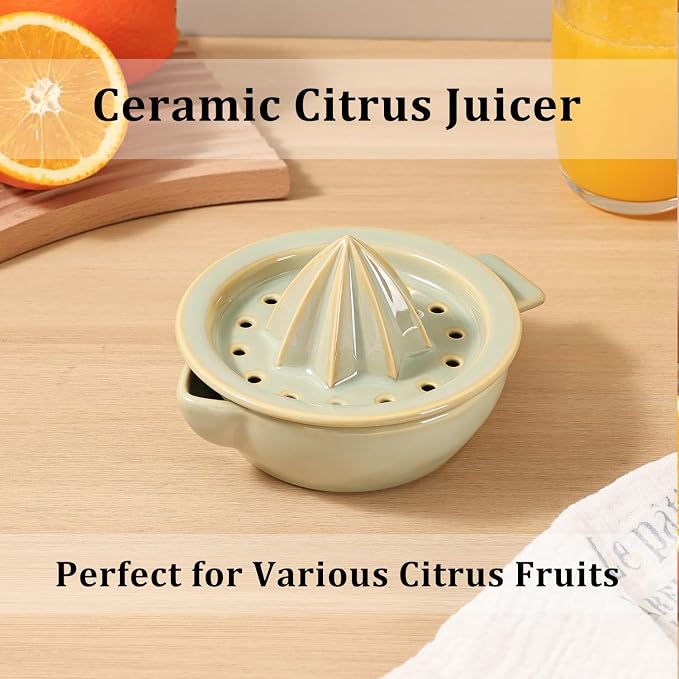 Ceramic Citrus Lemon Orange Juicer Manual Squeezer, Hand Juicer Reamer | Rotation Press with Strainer Lid, Spout, Handle, Dishwasher Safe, Easy to Clean