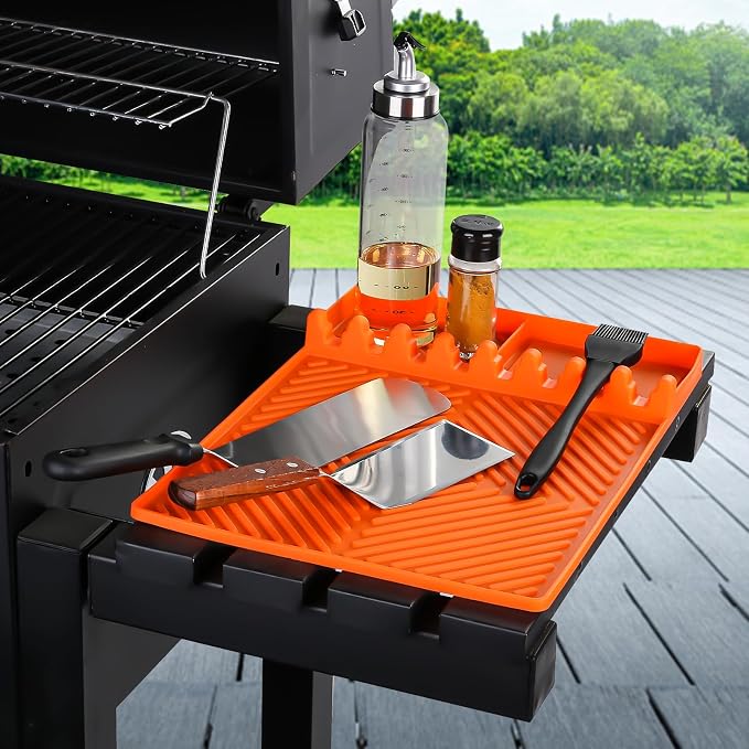 Find law Silicone Tools Mat for Griddle & Kitchen Countertop | Orange Side Shelf Spatula Mat with Drip Pad for Blackstone Weber Traeger Pit Boss Flat Top Grill Smoker, BBQ Gifts for Men