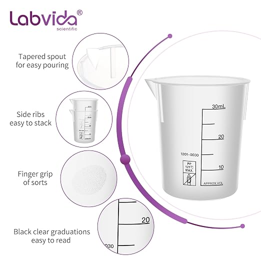 12PCS Mini Plastic Beakers, Vol.30ml(1.01oz) Stackable Measuring Cup with Black Scale line, Plastic Pitcher PP material Ideal for Science Activities and Household Use, LVB010