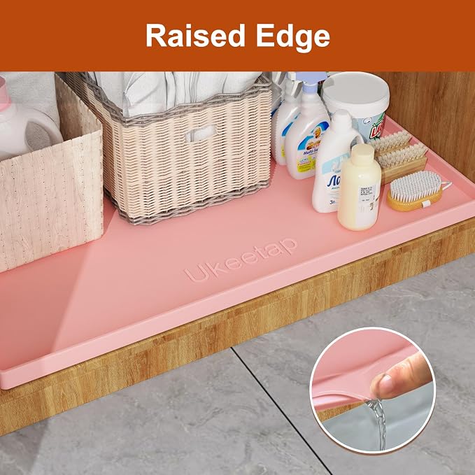 ukeetap 34" x 22" Extra Thick Silicone Mat Waterproof with Raised Edge, Under Sink Mat for Kitchen & Bathroom, Kitchen Cabinet Liner, Multi-Purpose for Storage & Protection, Pink