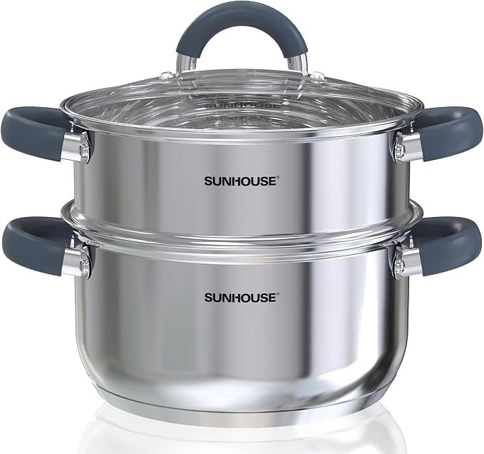 Sunhouse: 3 Quart Stainless Steel Steamer Pot - 2-Tier Cookware, Tempered Glass Lid, Stay-Cool Silicone Handles, 3-Ply Bottom, Dishwasher & Oven Safe | Steaming Pot with Glass Lid & Steamer Basket - 2 Tier Tri-ply Stovetop Steamer For Vegetable, Veggie...