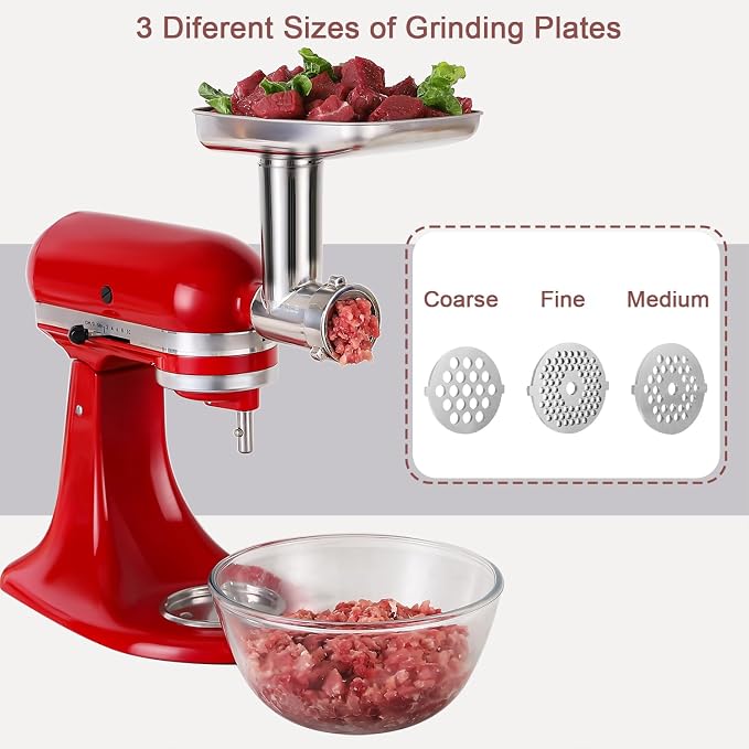 316 Stainless Steel Meat Grinder Attachment for KitchenAid Stand Mixers, 3 Grinding Plates, 3 Sausage Stuffers, All Parts Heavy Duty Meatl Dishwasher Safe