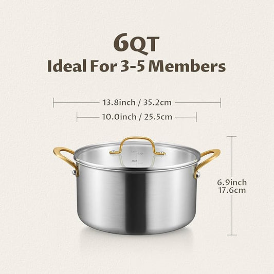 BEZIA 6 Quart Fully-Clad 3-Ply Stainless Steel Stockpot, Soup Pot with Lid, Even Heat Distribution, Cooking Pot with Sturdy Handles, Compatible with All Cooktops, Perfect for Soups & Stews, Silver