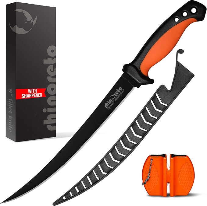 Rhinoreto Fillet Knife for Fish - Razor Sharp G4116 German Stainless Steel Blade, 9 Inch Professional Filleting & Boning Knife with Non-Slip Handle, Protective Sheath & Sharpener