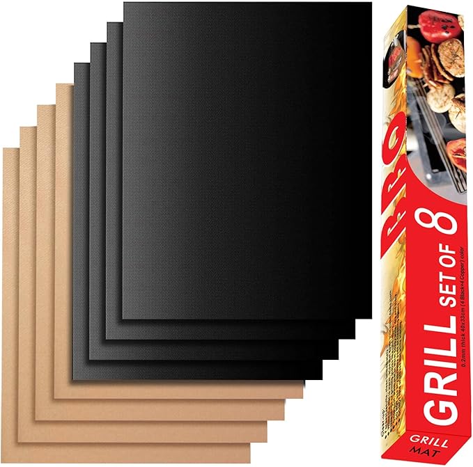 Grill Mats for Outdoor Grill, Set of 8 （4 Black+4 Copper）BBQ Grill Mat for Outdoor Gas Grill, Non-Stick Cooking Sheets, 15.75 X 13 Inch