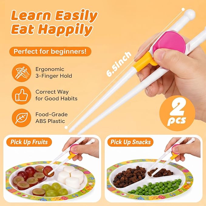 Kids Chopsticks, 2 Pairs Training Chopsticks for Toddlers Beginners Children Learning Practice, Hand Eye Coordination Development, Non-Slip Grip, Fun Everyday Dining Tool for Kids