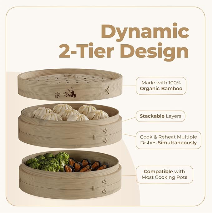 Bamboo Steamer Basket - Cook Delicious Meals with Authentic Flavor at Home | 12 Inch, 2 Tiers + 50 Liners, Chopsticks and Sauce Dish - Steam Family Portions of Dumplings, Bao and Vegetables at Once