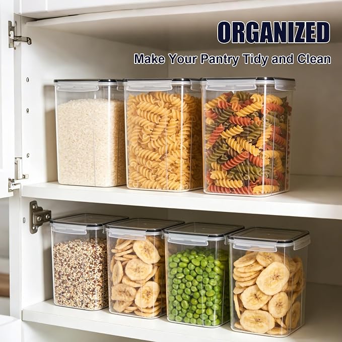 4pc 6.5L Large Airtight Plastic Canisters with Lids, Cups & Labels | Large BPA-Free Plastic Food Storage with Labels for Spaghetti, Cereal, Oats & Kitchen Pantry Organization, 4 Pack