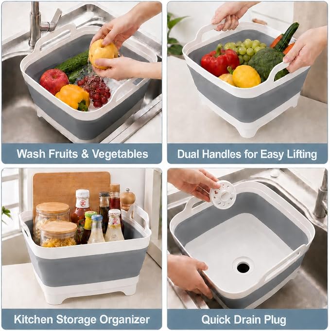 2.4 Gal(9L) Collapsible Dish Basin with Drain Plug, Space Saving Outdoor Multiuse Foldable Sink Tub, Dishpan, Kitchen Storage Tray for Camping, Vegetable Washing, RV (Gray)