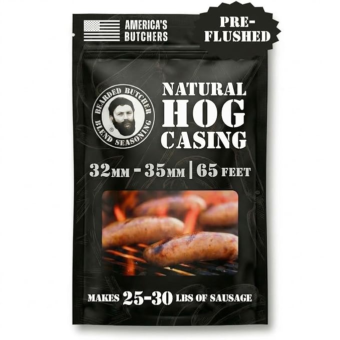 Bearded Butchers Natural Hog Sausage Casings 32-35mm, Edible Pre-Flushed | Stuffs 25-30 lbs, natural snap & bite, resealable brine bag, for bratwurst, Italian sausage, kielbasa, hot dogs, Polish