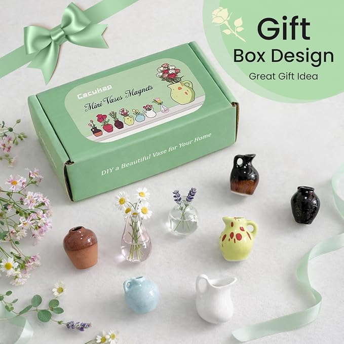 Cute Mini Ceramic Vase Magnets for Fridge, Funny Small Plant Magnets, Tiny 3D Plant Vase for Refrigerator Decoration Kitchen Locker Kitchen Office (8 Pack)