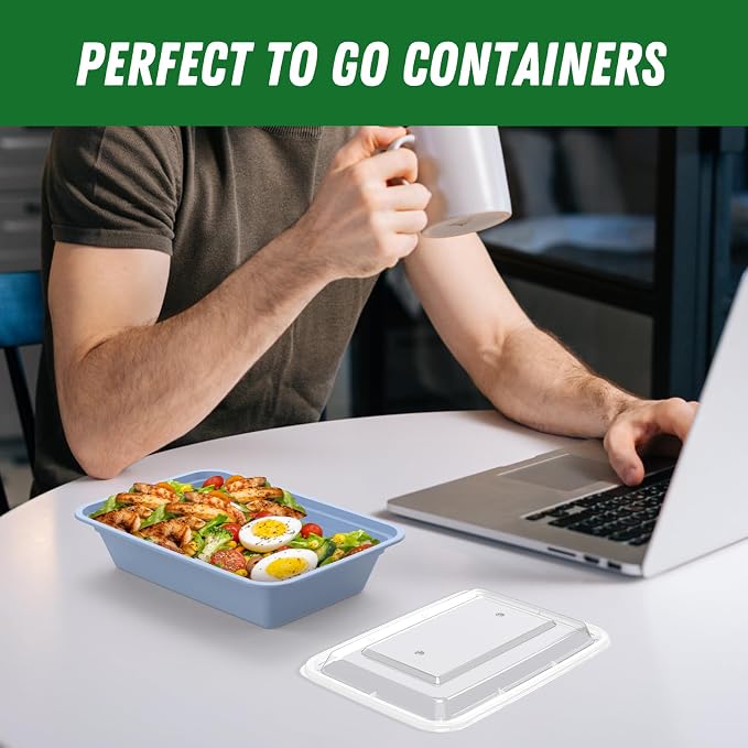 50 Pack (100-Piece) 32 oz Meal Prep Containers with Easy Open Lids, Blue | Sturdy Leakproof & Food Safe, Microwave, Freezer, Dishwasher Safe Prep Containers, To Go Take Out Plastic Food Storage