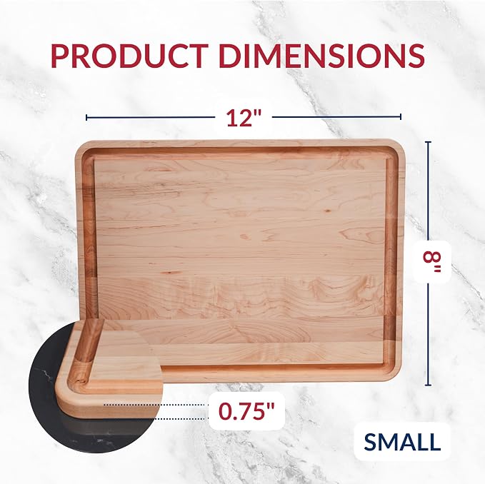 Made in USA Solid Maple Wood Cutting Board by Virginia Boys Kitchens - Butcher Block Wooden Carving Board with Juice Groove made from Sustainable North American Hardwood (8x12)