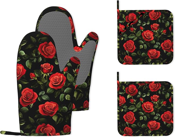 Vintage Red Rose Oven Mitts and Pot Holders (4PCS),Heat Resistant Non-Slip Silicone Kitchen Gloves for Cooking, Baking, BBQ Waterproof Kitchen Accessories