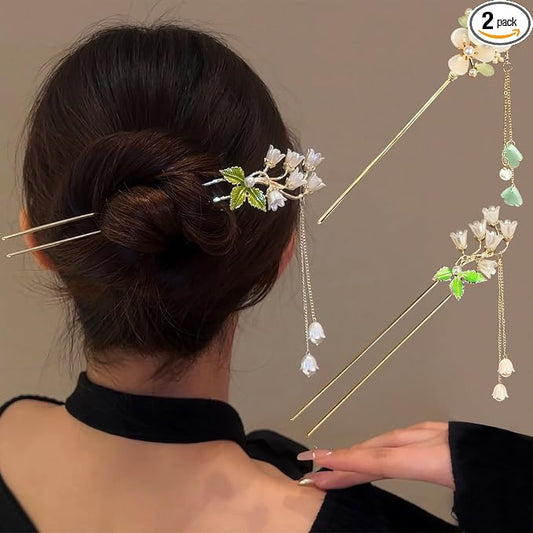 2Packs Lily of the Valley Chinese Hair Sticks for Buns, Pearl Flower Vintage Metal Hair Chopsticks for Women and Girls Dangle Tassel Pendant Accessories Hanfu Handmade Decor Hairpin (green)