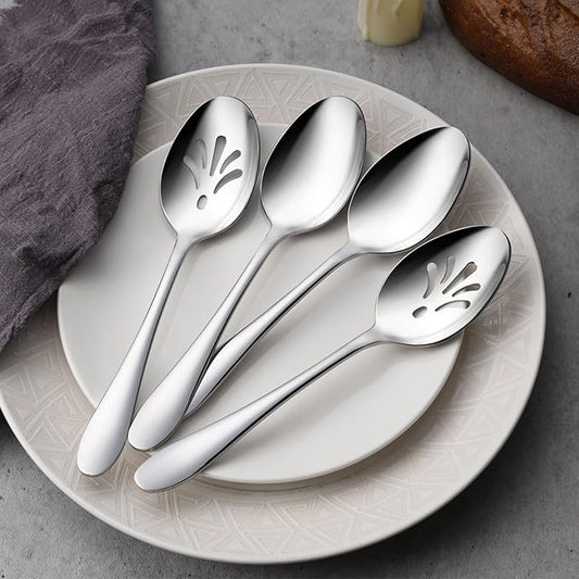 E-far Stainless Steel Serving Utensils, 4-Piece Serving Spoons Set Includes Slotted & Solid Spoons, Metal Hostess Tablespoons for Catering Buffet Party Kitchen Restaurant