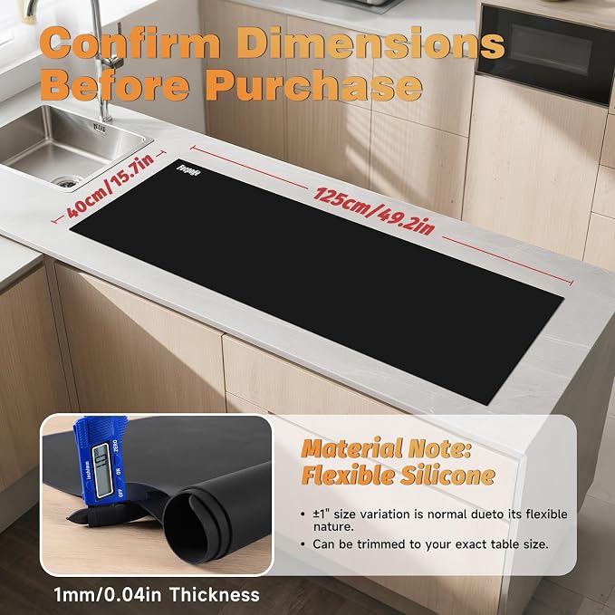 49.2" x 15.7" Large Silicone Mat for Kitchen Counter Protector, Cuttable | Silicon Countertop Protector Mat Heat Resistant Mats for Countertop, Cut to Fit Placemat Ship Roll by Foepoge, Black