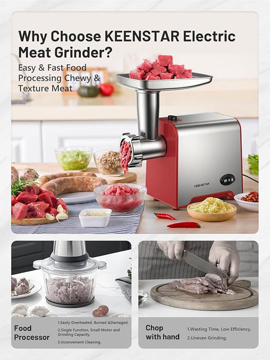 KEENSTAR Electric Meat Grinder, Sausage Stuffer Maker 450W Food Grinder with Blade & 3 Plates, Sausage Stuffer Tubes & Kubbe Kit, Stainless Steel Meat Mincer Machine for Home Kitchen Use (Red)