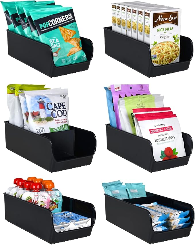 Black Storage Bins for Pantry - 3 Compartment Kitchen Cabinet and Cupboard Storage Organizers, Multipurpose Storage Bins for Snacks, Packets, Pouches, Spice Packets, Plastic Bin for Fridge - 6 Pack