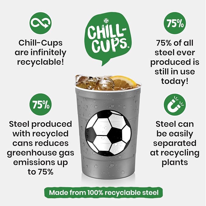 Steel Chill Cups 16 oz. Reusable Party Cups, Soccer, Green, 12 Count | Made in USA from Steel these durable cups chill fast & keep your drink cold for longer, 100% recyclable for sustainablity