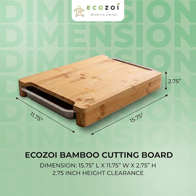Bamboo Cutting Board by Ecozoi with 2 Slide Out Drawers. Keep Meal Prep Organized With Organic Bamboo Wooden Chopping Station. Non-Slip Butcher Block with Juice Groove for Easy Cleaning