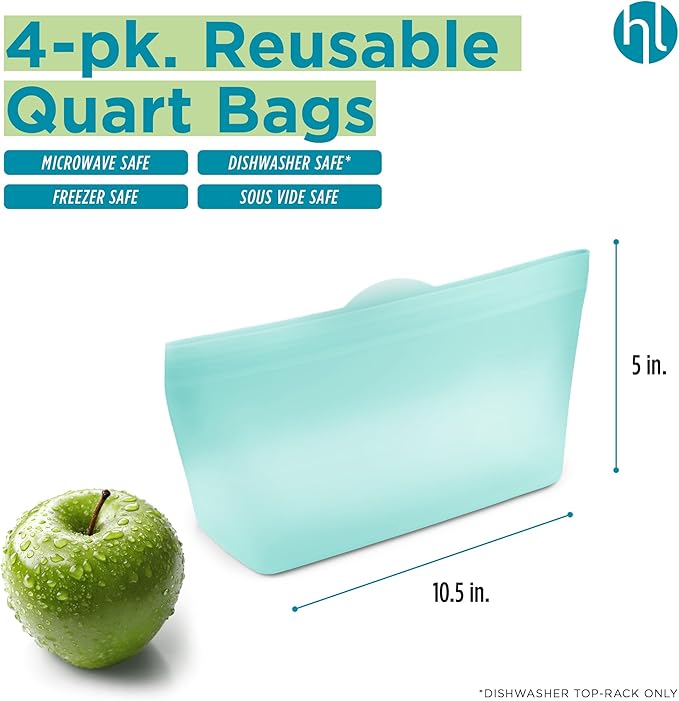 Home Logic Reusable Quart Bags - Set of 4 Pool Blue Silicone Freezer Bags, Airtight Leak Resistant Reusable Zip Bags for Kitchen Home Food Prep, Microwave & Sous Vide Safe