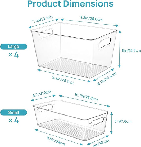 Vtopmart 8 Pack Clear Storage Bins Set for Pantry Organizer | 4 Large and 4 Small Plastic Pantry Storage Bins with Handle, Storage Containers for Pantry, Kitchen, Fridge, Cabinet