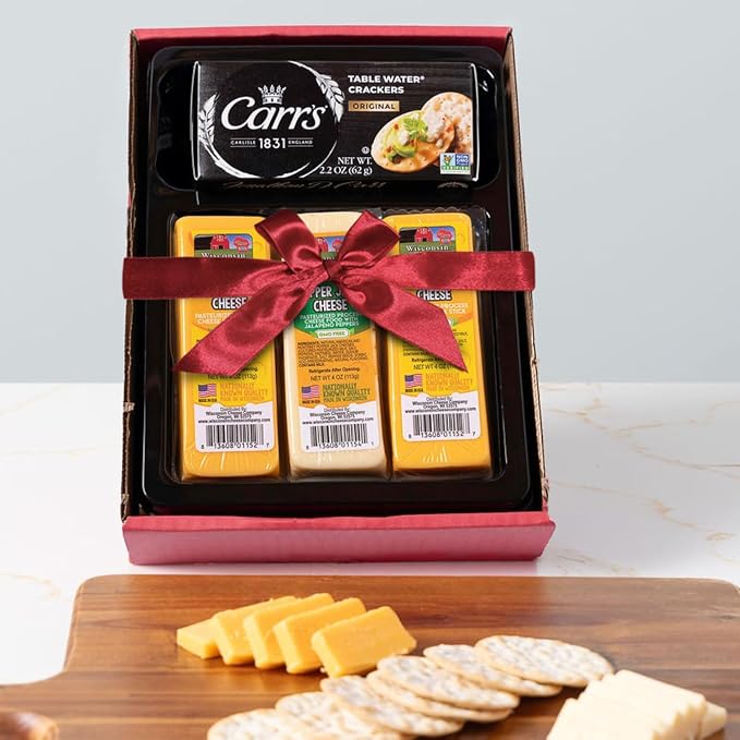 Wisconsin Cheese Company – Cheddar & Pepper Jack Cheese and Cracker Gift Box – Made in Wisconsin – Gourmet Charcuterie Board Gift Set for Entertaining & Gifting