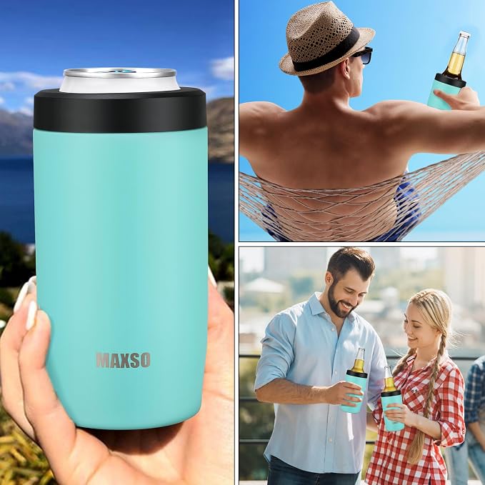 MAXSO Slim Can Cooler, 4-in-1 Double Walled Stainless Steel Insulated Beer Can Holder, Works With All 12 Oz Cans,Bottles & As A Pint Cups - Turquoise