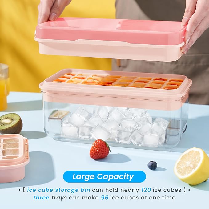 1.0" Ice Cube Trays for Freezer, PHINOX Ice Tray, 3-Tier(32Cubes/Tier) Pink