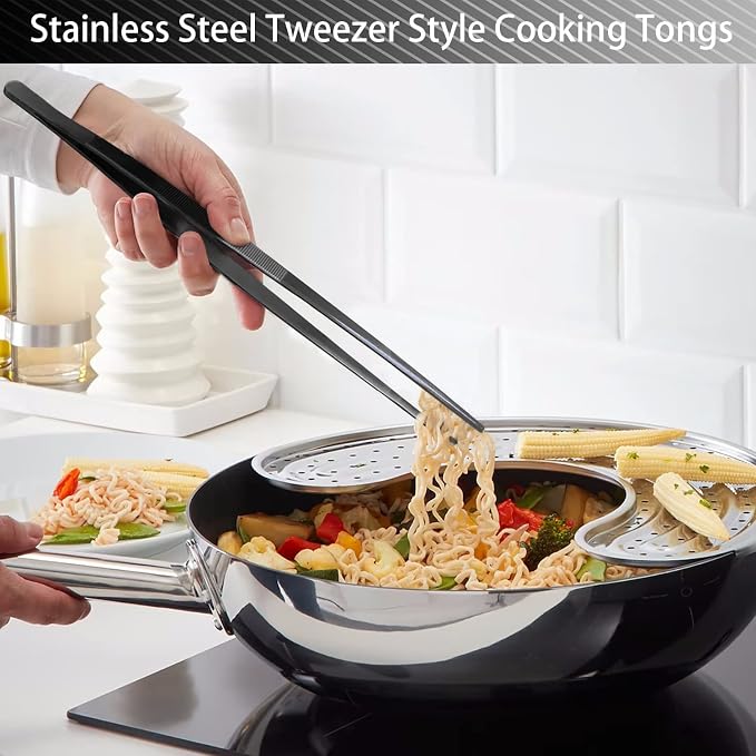 JETKONG 2 Pcs 10-Inch Kitchen Tweezers Tongs with Precision Serrated Tips, Stainless Steel Chef Tweezer Professional Cooking Tweezers for BBQ, Plating and Serving (10-Inch, Black)