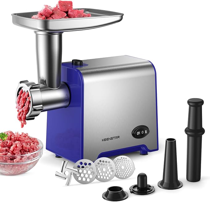 KEENSTAR Electric Meat Grinder, Sausage Stuffer Maker 450W Food Grinder with Blade & 3 Plates, Sausage Stuffer Tubes & Kubbe Kit, Stainless Steel Meat Mincer Machine for Home Kitchen Use (Blue)