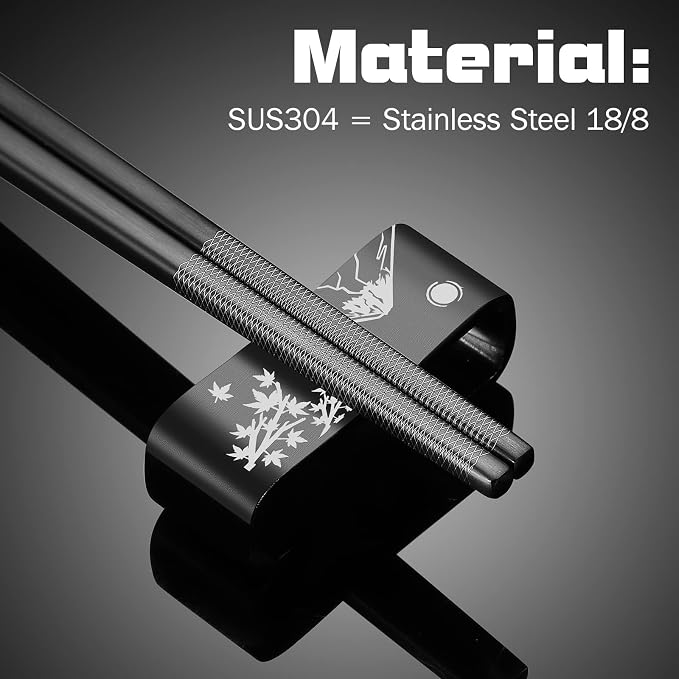 Premium 304 Stainless Steel Chopsticks Set - 2 Pairs Titanium Plated Japanese Style with Laser Engraved Design, Dishwasher Safe, Non-Slip Grip, Elegant Gift Box (Black)