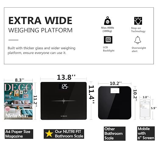 NUTRI FIT Extra-Wide/Ultra-Thick Digital Body Weight Bathroom Scale with 3 Inch Large Easy Read Backlit LCD Display Max Capacity 400lb Step-on Technology, Black