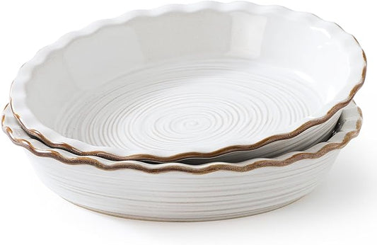 Frewinky Ceramic Pie Pan for Baking, 9 inch Pie Dish with Ruffled Edge, Nonstick Deep Pie Plate, Farmhouse Decor Quiche Tart Baking Dish for Thanksgiving, Microwave & Oven Safe, Set of 2