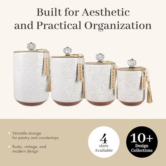 Youngs 21207 Ceramic Canister with Wood Lid and Silicon Seal, Crystal Knob and Blessing Bead Tassel Accent, 4-piece Set