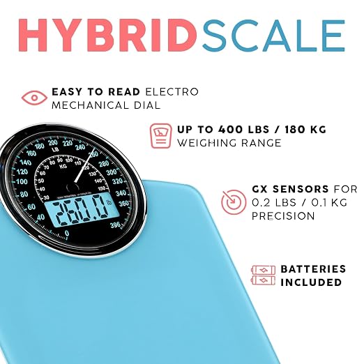 Hybrid Bathroom Scale - Analog & Digital Display, Accurate to 400 lbs | See weight on both an analog dial and digital LCD at once. Wide glass platform, accurate to 0.2 lbs, batteries included.