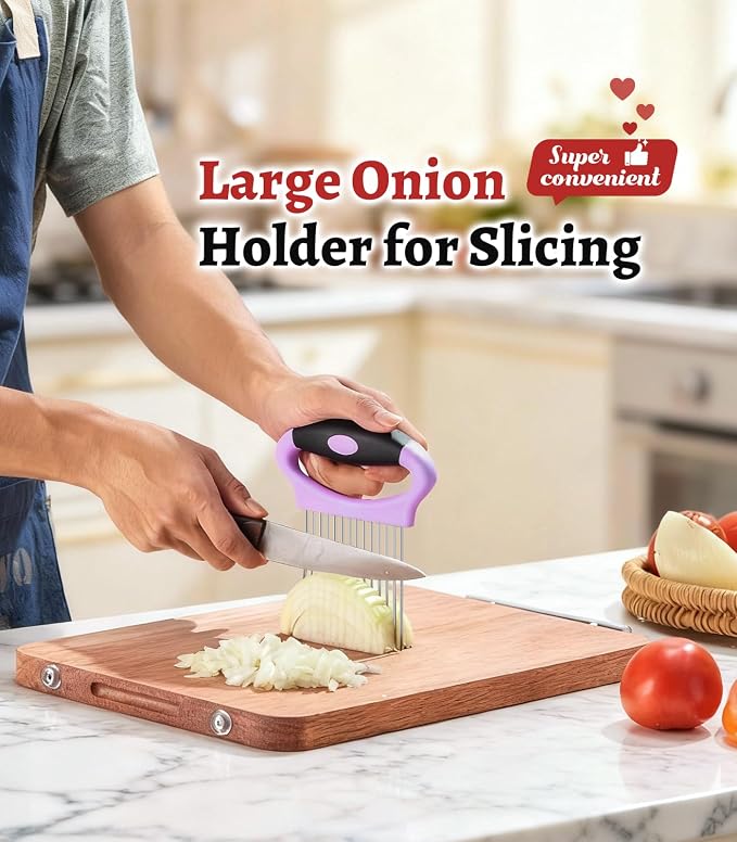 Large Onion Holder for Slicing, Stainless Steel Onion Slicer Holder with Protect Cover, Onion Cutter Vegetable Chopper for Slicing of Tomato Avocados, Cool Kitchen Gadgets