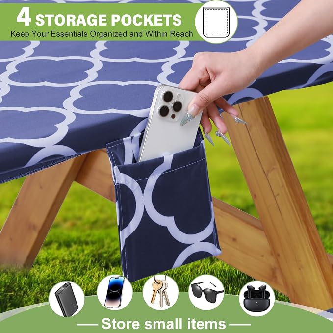 Fitted Picnic Table Cover with Bench Covers Waterproof Elastic Edges Rectangle Patio Tablecloth Outdoor Camping Essentials Stuff Rv Accessories Summer Trip Travel Supplies Party Camper Gifts, 6 ft