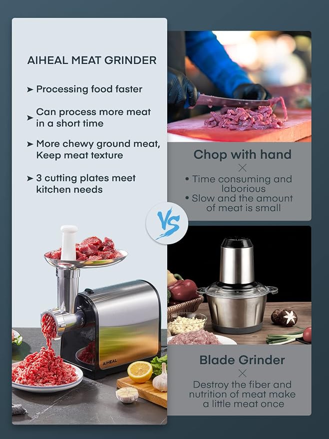 Electric Meat Grinder, Sausage Stuffer with 3 Sausage Tubes, 2 Blades, 3 Plates, 3200W Max, Meat Grinder Heavy Duty for Home Kitchen Use, Stainless Steel (Black)
