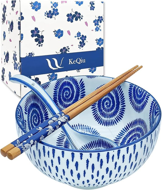 28Oz Ceramic Ramen Noodle Pho Bowl Set with Chopstick&Spoon&Gift box | Lead & Cd Free, Food Safe, Microwave/Oven/Dishwasher Safe, Matching pattern set, foam packed, ideal all-occasion gift