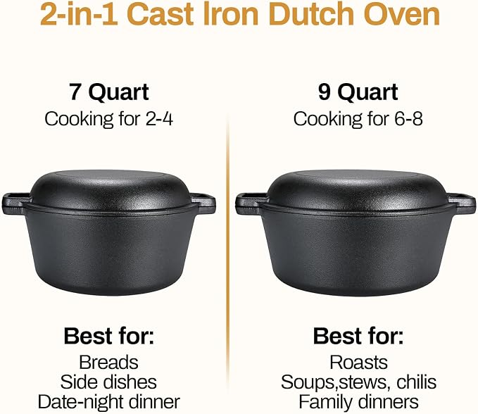 TLGREEN Cast Iron Dutch Oven 6.7QT Pot 2.5QT Skillet Lid Silicone Holders | Cast Iron Skillets, Heat Resistant Stand Included, Fits All Heat Sources for Outdoor Camping, Safe for Long High Temp Cooking