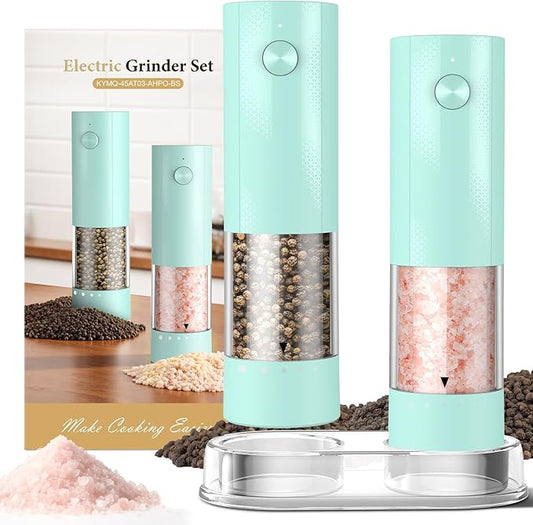 Electric Salt and Pepper Grinder Set - Rechargeable Automatic Salt and Pepper Shakers, Kitchen Appliances with External Adjustable Coarseness, Larger Hopper for Cooking, Home Gifts(2 Pack,Mint Green)