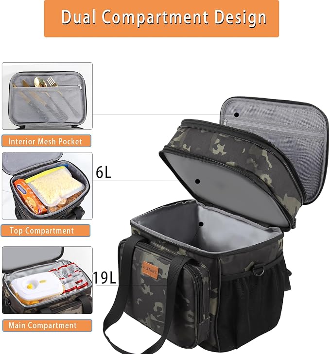 GLENKEY Expandable Lunch Box Cooler Bag - Insulated Soft Lunch Bag for Men Women - Large Lunchbox for Adults Work Camping Outdoor Travel Black Camo 22L